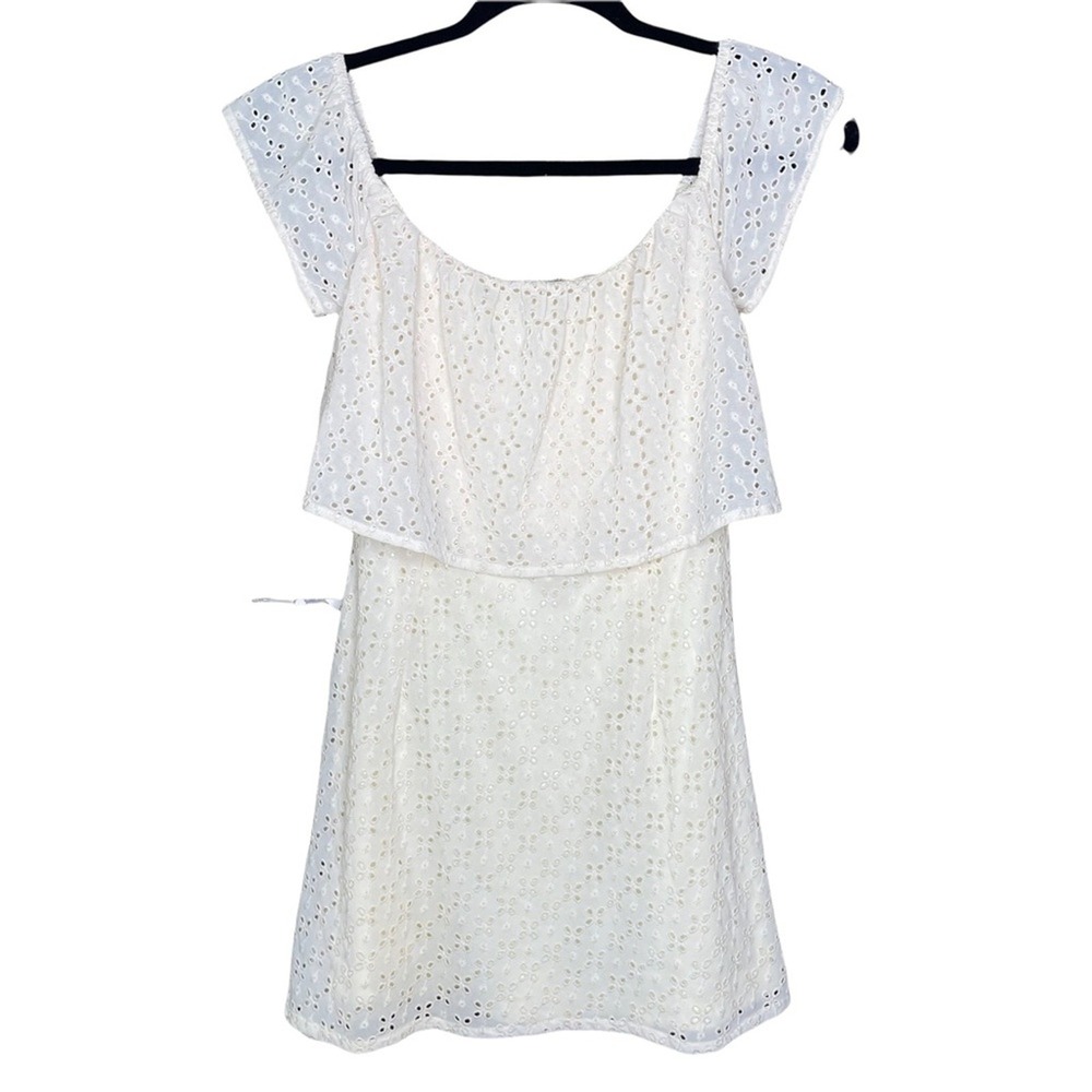Tobi White Eyelet Mini Dress Off The Shoulder Ruffle Floral Embroidery Small